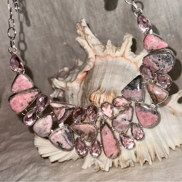 Exquisite Rhodochrosite + Pink Topaz statement gemstone necklace
